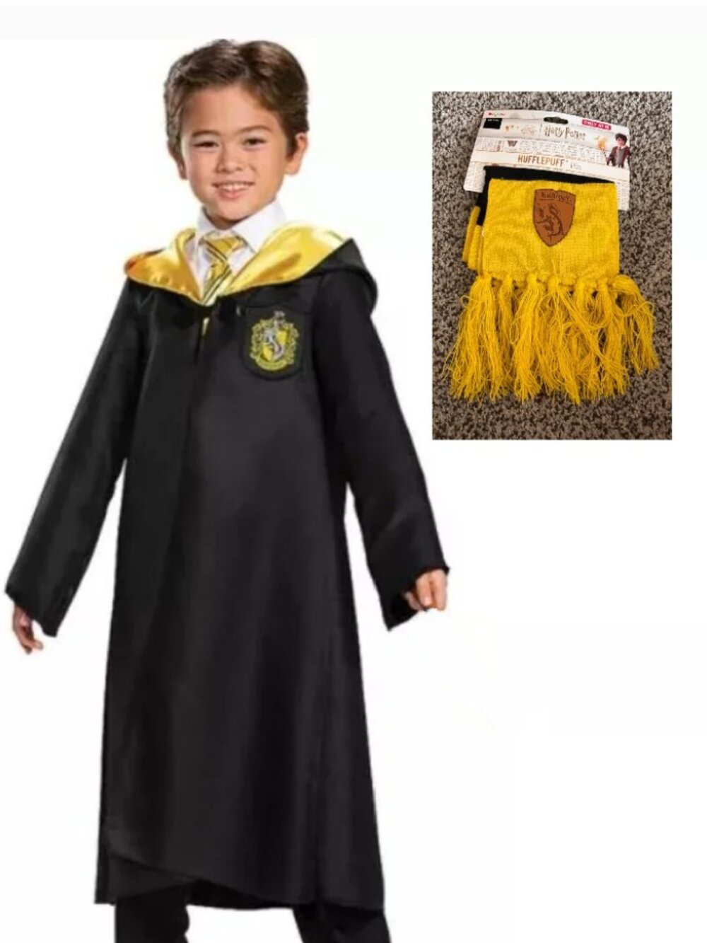 Harry Potter Hogwarts Robe & Scarf Halloween Costume 7/8 Black & Gold Hooded - Picture 1 of 6